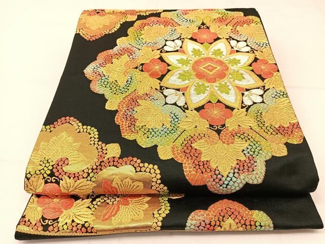 平和屋着物◎六通柄袋帯 正倉院花文 黒地 金銀糸 正絹 逸品