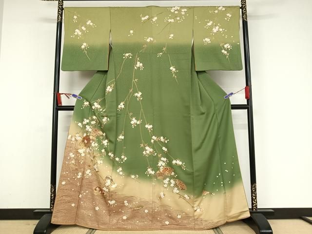 平和屋着物○訪問着 駒刺繍 流水扇花蝶文 暈し染め 金彩 やまと