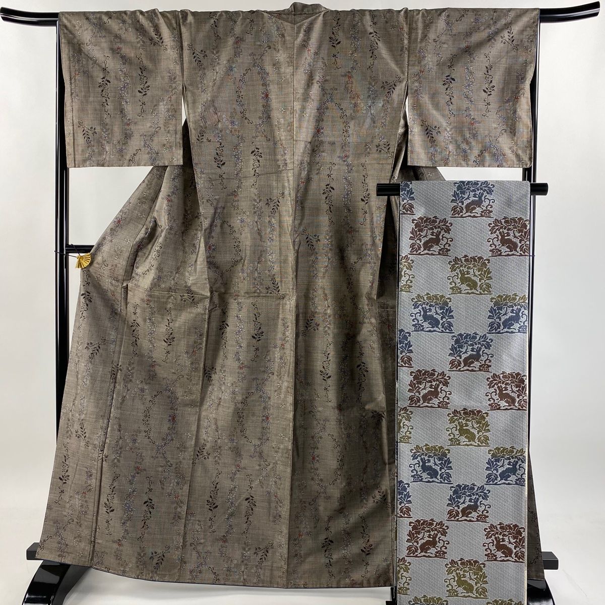 紬 身丈165cm 裄丈67.5cm L 袷 袋帯セット 草花 焦茶色 正絹 秀品