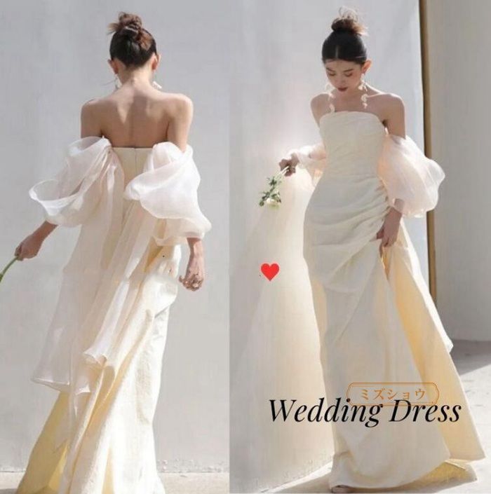 ウェディングドレス マーメイド オフショルダー 袖あり 前撮り 二次会ドレス 花嫁 かわいい フォトウェディング セルフ シンプル 後撮り ドレス