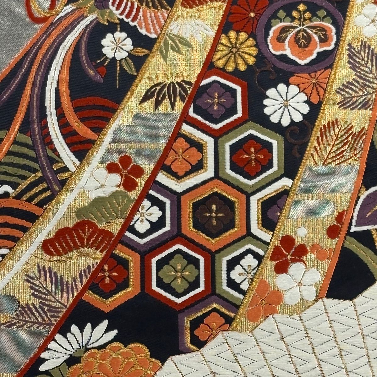 美品】 袋帯 名品 証紙 博多帯 箔 オレンジ 全通 正絹 【】 ☆着物10☆