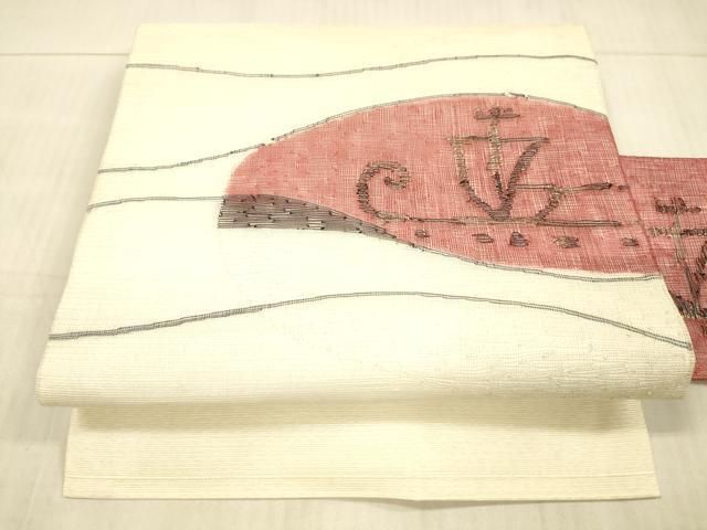 平和屋着物＊夏物　九寸名古屋帯　櫛織　抽象文様　銀糸　正絹　逸品　DAAY8012cm 平和屋着物＊夏物 九寸名古屋帯 櫛織 抽象文様 銀糸 正絹 逸品