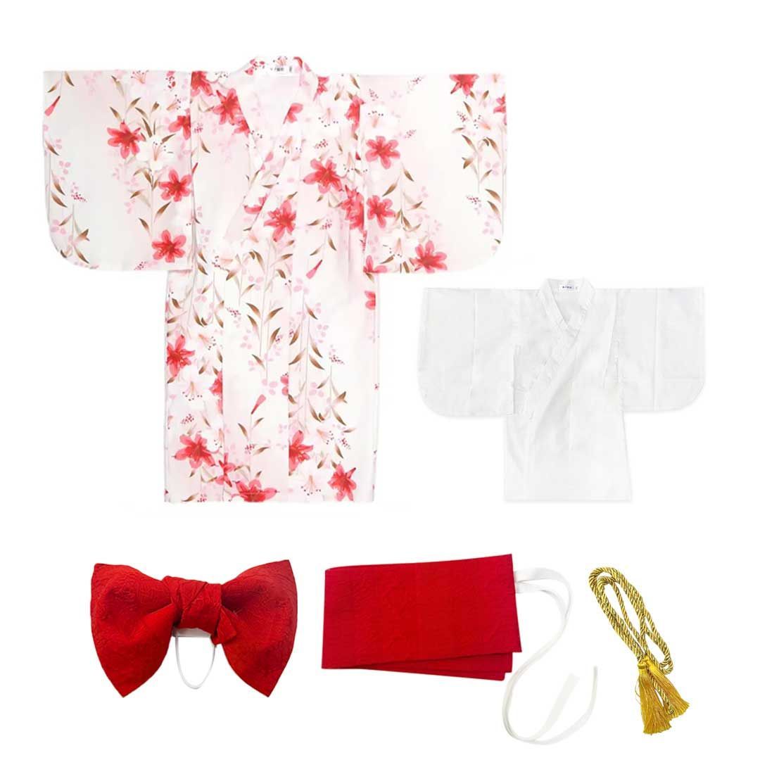 ♪子供用 赤い花の着物 浴衣+襦袢+帯 3点セット 女の子