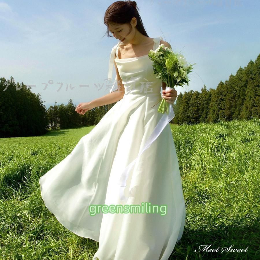 新しい♥ ウェディングドレス ロングドレス Aラインドレス オーガンジー ノースリーブ ワンピース 二次会 結婚式 前撮り ブライダル 花
