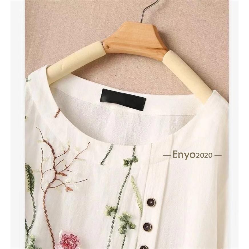 シャツ ブラウス レディース Tシャツ トップス 長袖 刺繍 花柄 エスニック 大きいサイズ 体型カバー ゆったり 高級感 秋 春 白 tyutenbaiten_xgb202204406