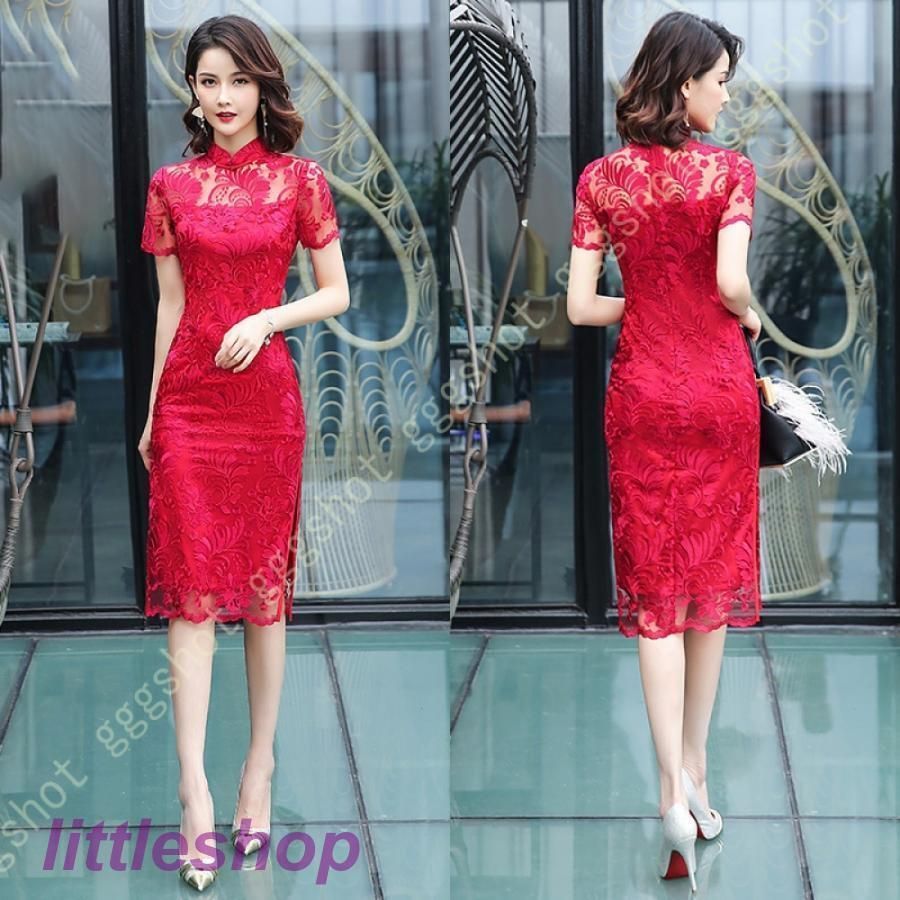 チャイナ服 ワンピース ロングワンピース ミニワンピ 花嫁ドレス 着痩せ タイトドレス ハイネック フェミニン 民族風 中国風 半袖 レース WP春