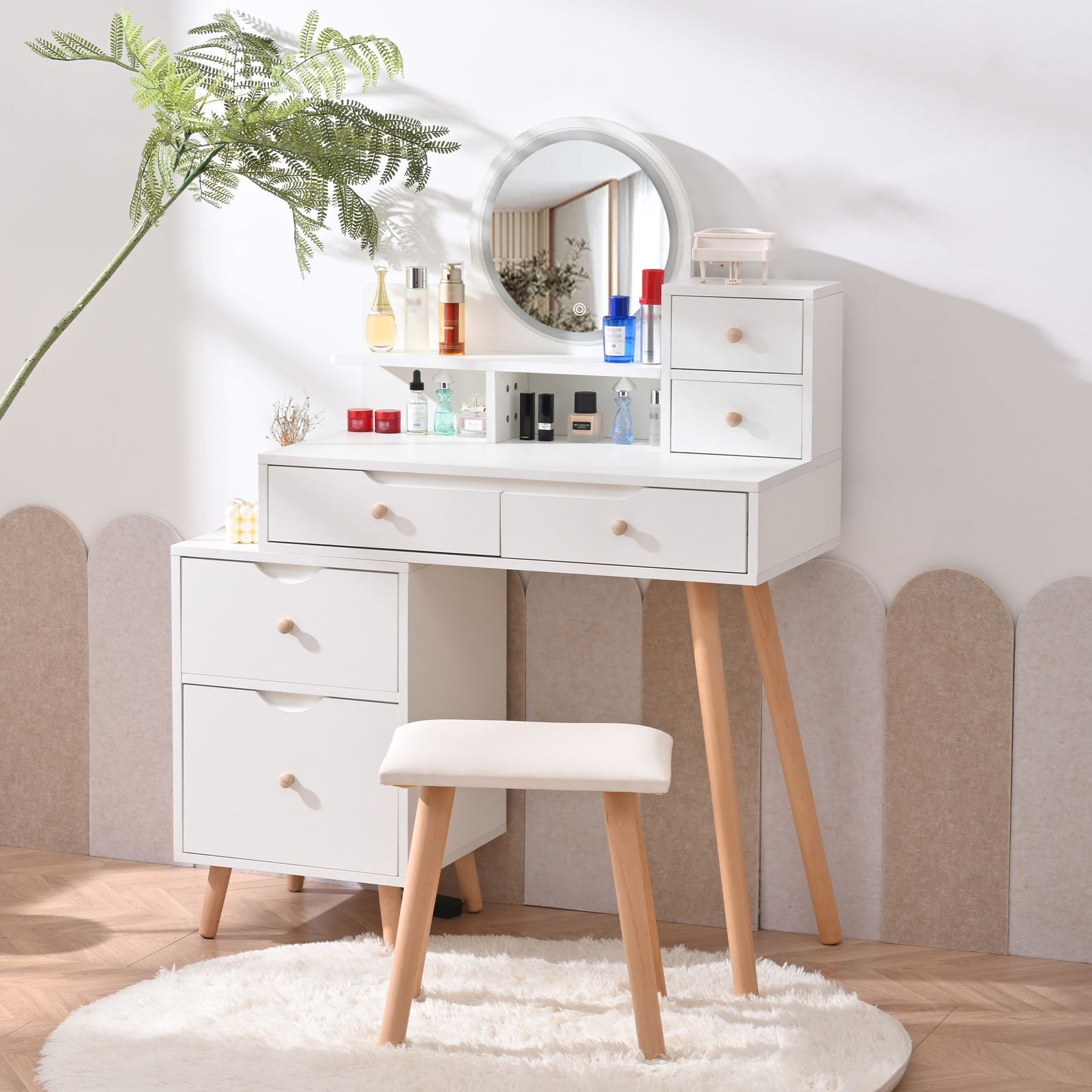 ドレッサー＆スツール　鏡台　化粧台　メイク台　ドレッサー　アンティーク　ホワイト ドレッサー 化粧台 スツール付き スライドミラー スライド 大鏡面