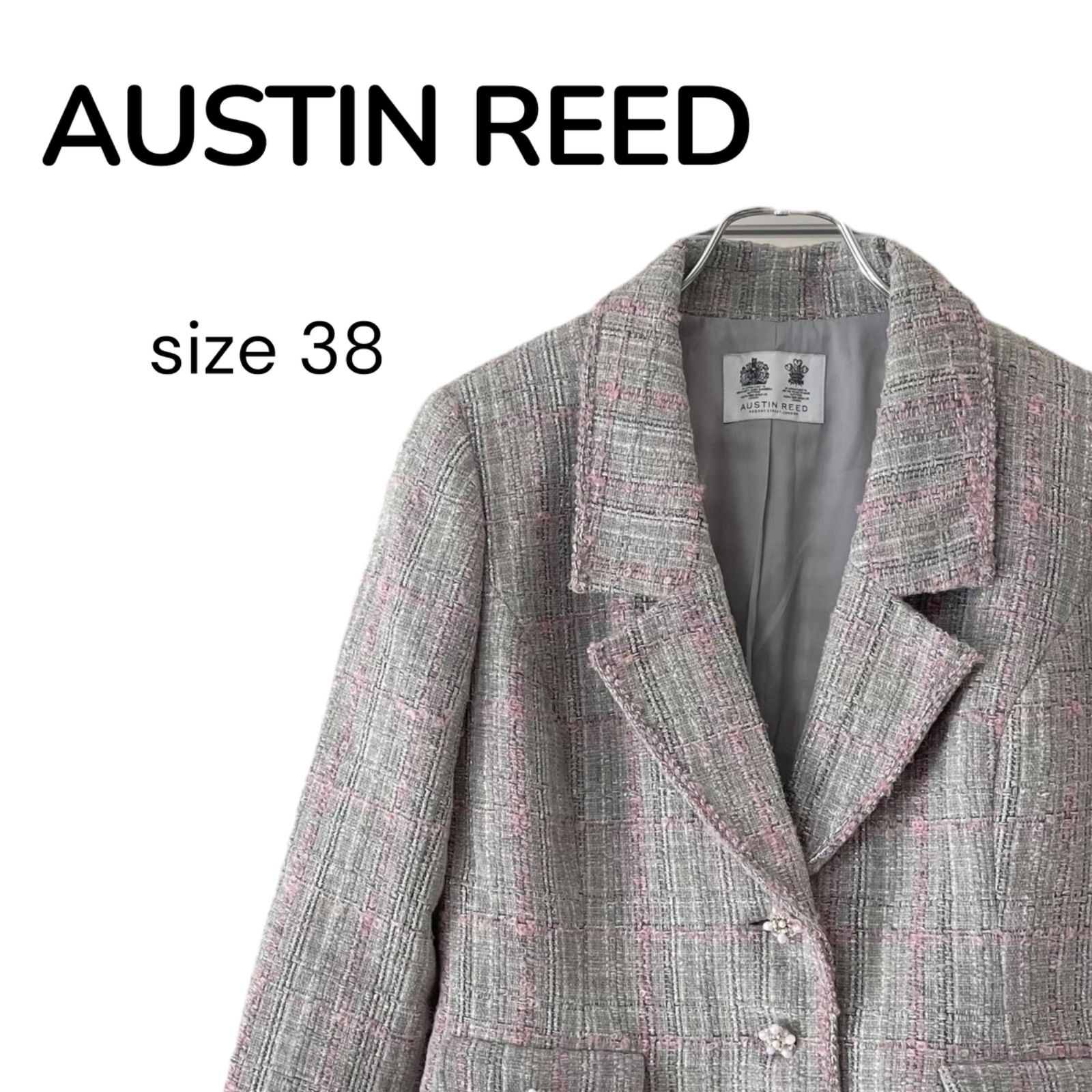 AUSTIN REED オースチンリード レディース ツイードジャケット テーラード ビジューボタン 入学式 パーティー フォーマル ドレスコード グレー×ピンク サイズ 38 品番 1595-31306 459OC
