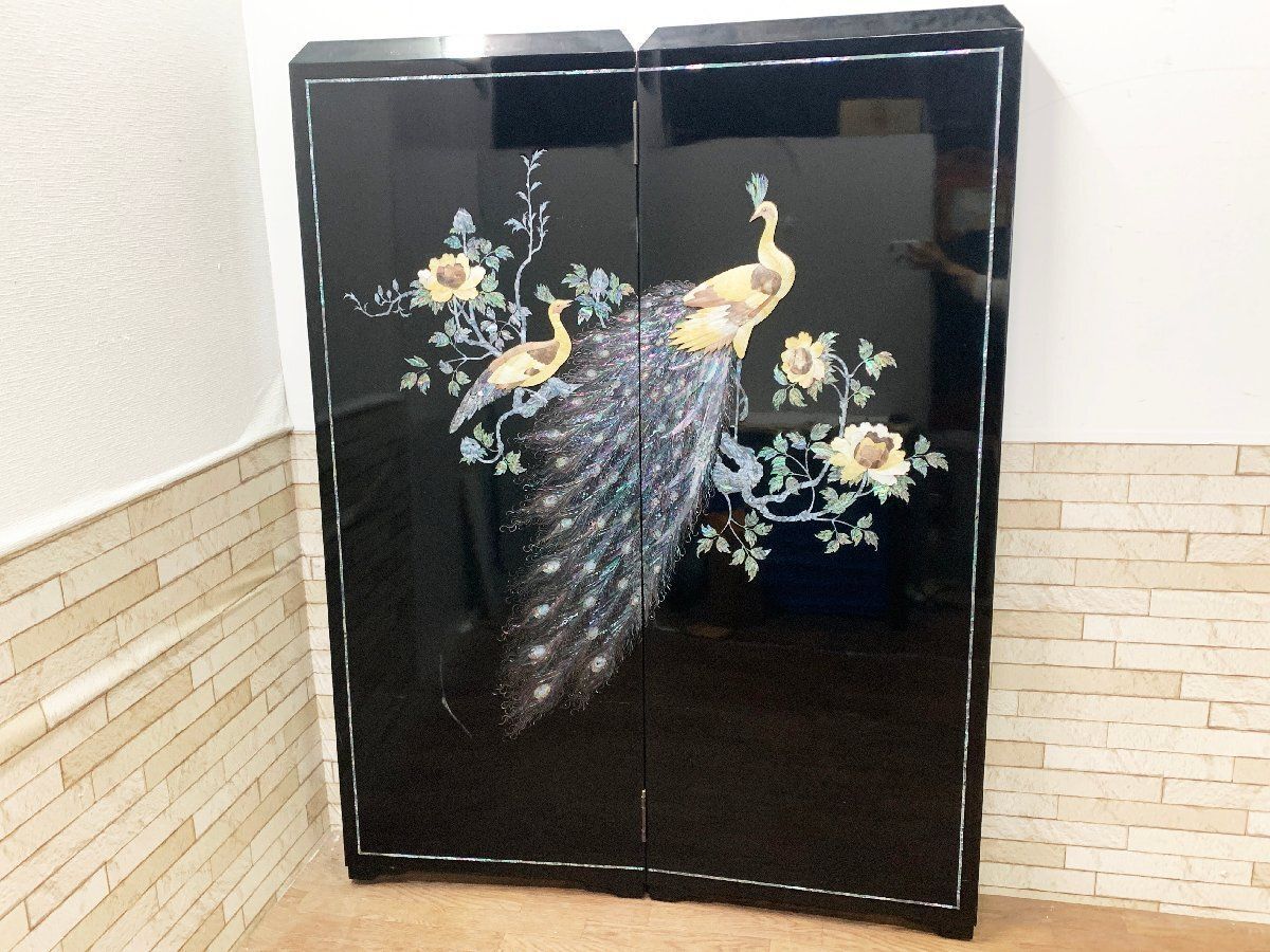 屏風 衝立 パーテーション 螺鈿細工 貝細工 孔雀 アンティーク 飾り 鏡面仕上げ 2つ折り 置物 古美術 仕切り 畑1118