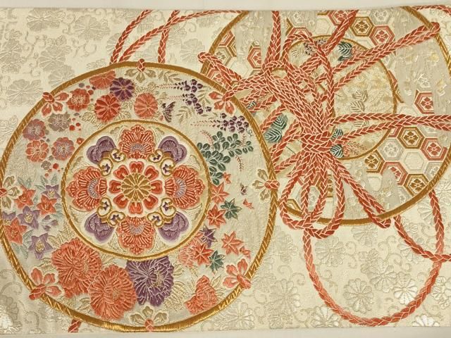 ◆商品保証書付き太鼓柄袋帯【風景樹林文】作家物 袋帯 美品 逸品 華文 鳥 相良刺繍 ベージュ お太鼓柄 正絹 中古