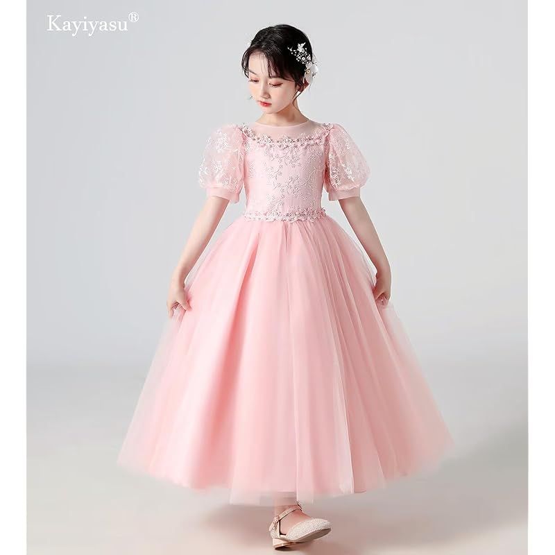 キッズ服(100cm~) 【新品】 [Ｋａｙｉｙａｓｕ] ロングドレス 女の子 子供ドレス 発表会 ピアノ パフスリーブ フォーマル 卒業式 フラワーガール 演奏会 入園式 誕生日 ジュニア ガールズ 刺繍 3-14歳 (120, ピンク) 1