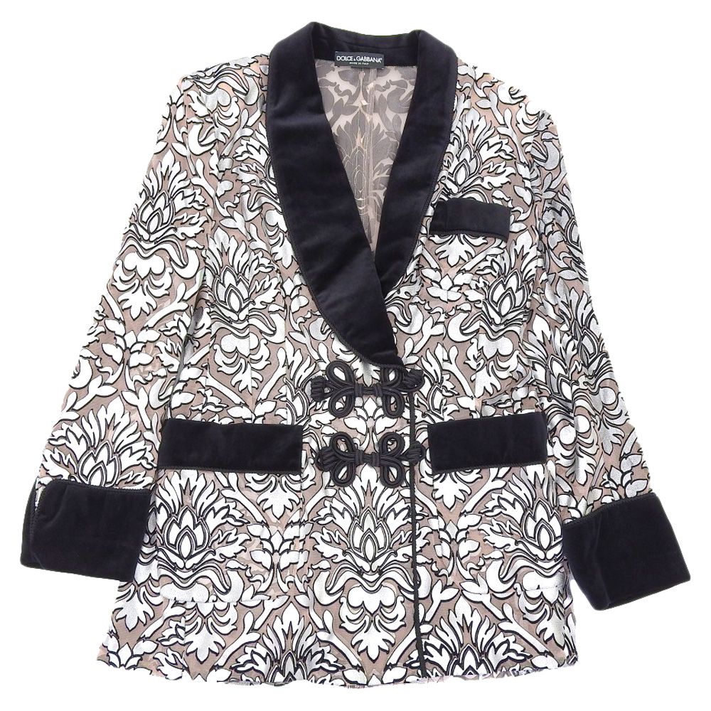 DOLCE-GABBANA ドルチェ-ガッバーナ ボタニカル柄 オーガンジー テーラードジャケット タキシード 46 シルバー×ブラック レディース 古着