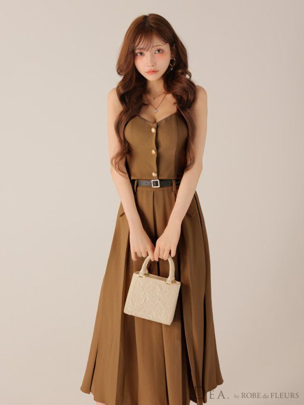 キャメル DE4323-CAMEL-2509 XS-Lサイズあり DEA. ディア フロントボタン ベルト スリット セットアップ ロング ミモレ丈 ミディアムドレス キャバドレス long