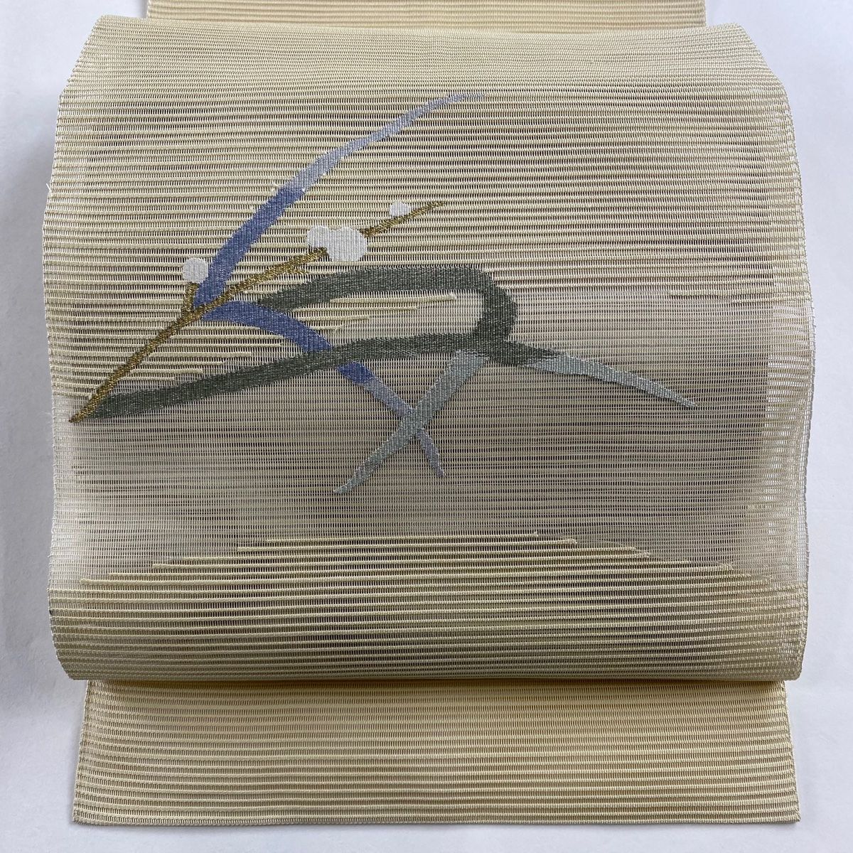 名古屋帯 秀品 八寸名古屋帯 松葉仕立て トンネル仕立て 夏帯 草花 金銀糸 ベージュ 正絹