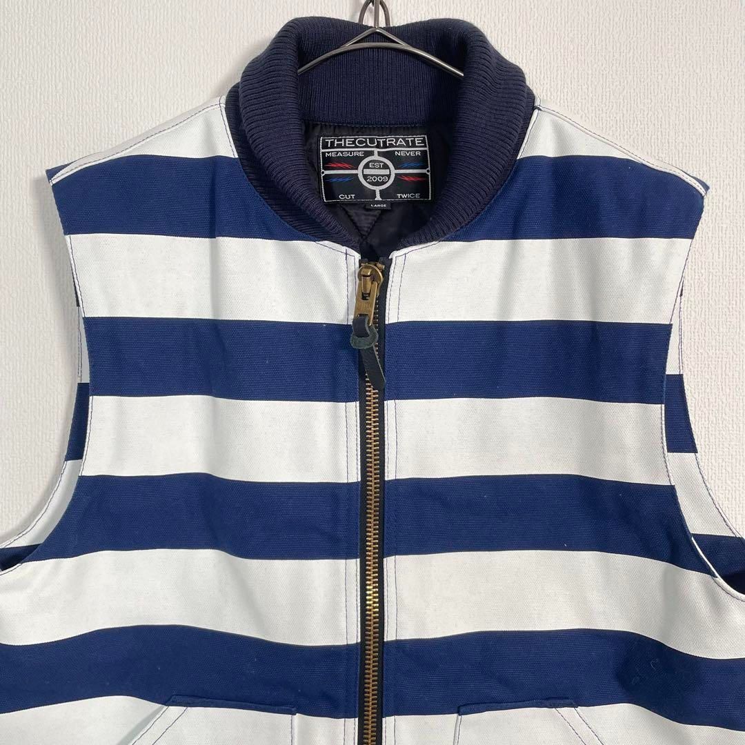 日本製 CUTAATE ダック生地 ワークベスト ボーダー 中綿 メンズL