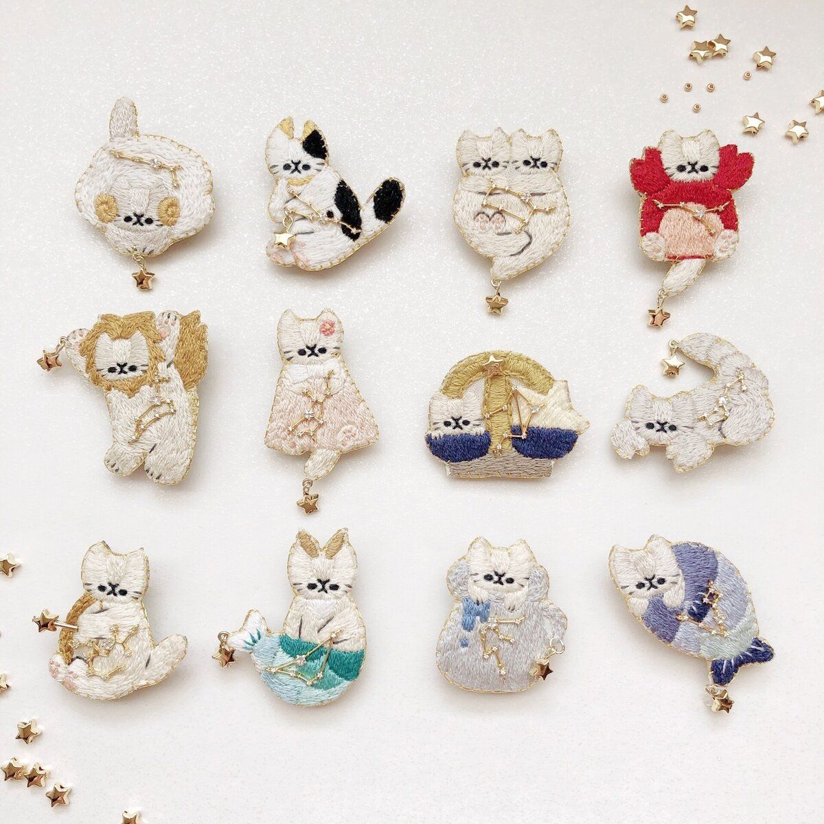 12星座の猫の刺繍ブローチ・てんびん座～うお座