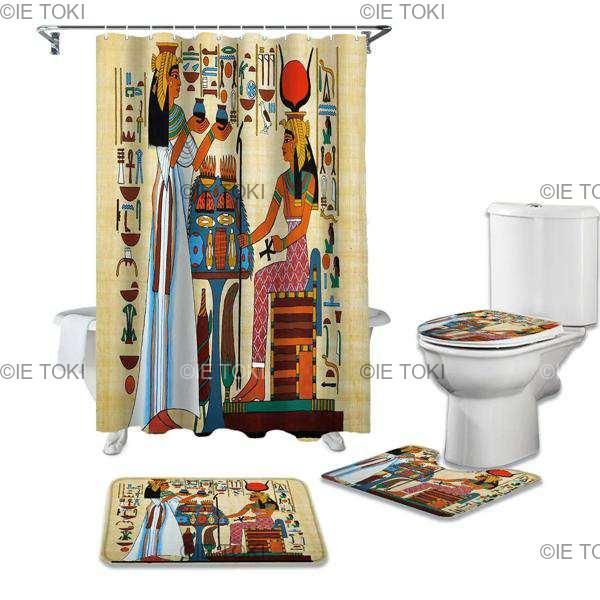 古代エジプトのパピルスシャワーカーテンセットノンスリップラトイレ蓋カバーとバスマット防水浴室のカーテン