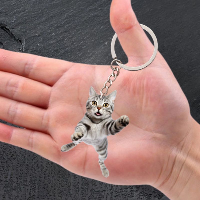キーホルダー かわいい ジャンプ サバトラ 猫 吊り下げ 平面 2D