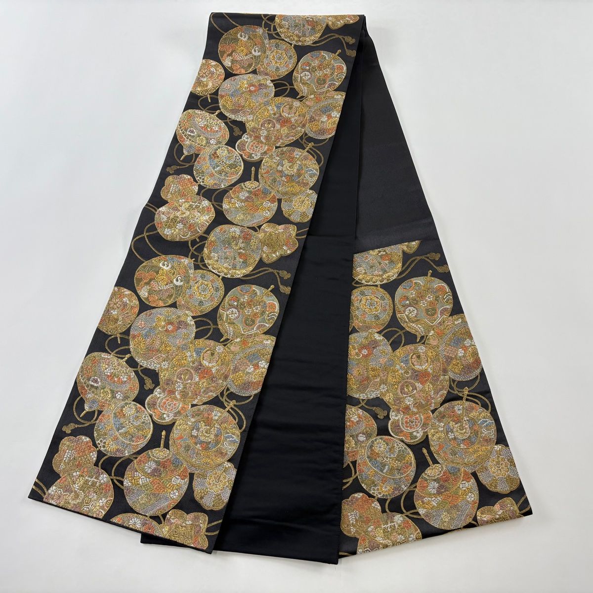 袋帯 美品 秀品 独楽 草花 金糸 箔 黒 六通 正絹 【中古