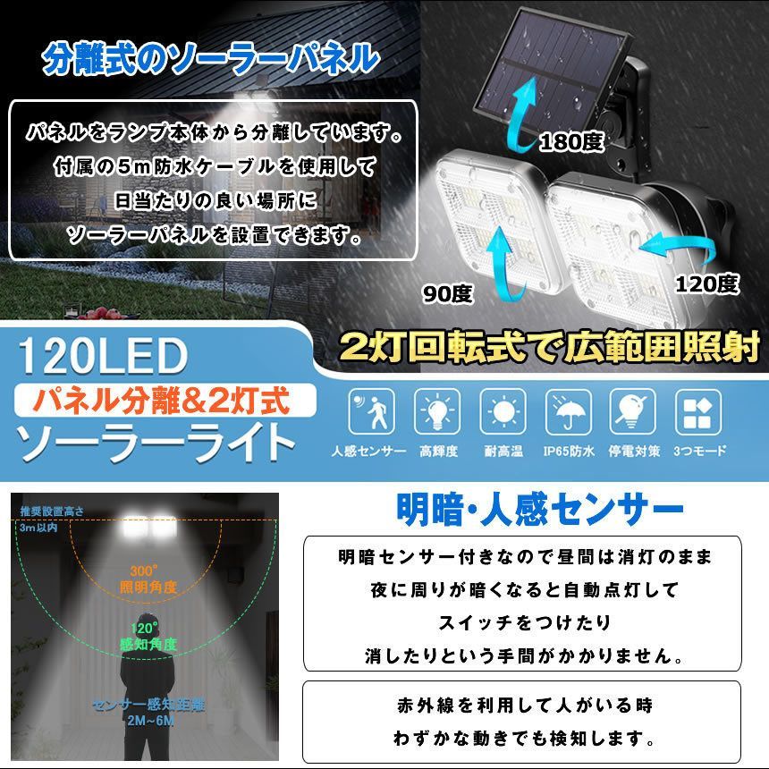 ソーラーライト 120LED 2灯式 5mコード付き センサーライト 防犯ライト ガーデンライト アウトドア ソーラーフラッドライト モーションセンサー付き キュリティライト 照明 IP65防水 防犯 人感 防水 屋外照明 太陽光発電 アウトドア