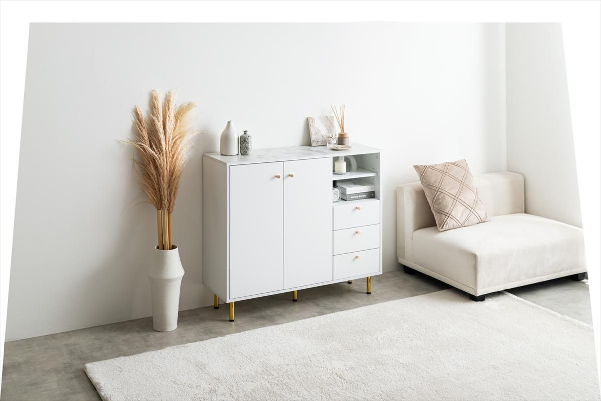 大理石柄 ホワイト キャビネット 幅100cm リビング収納 収納家具 チェスト おしゃれ 姫系