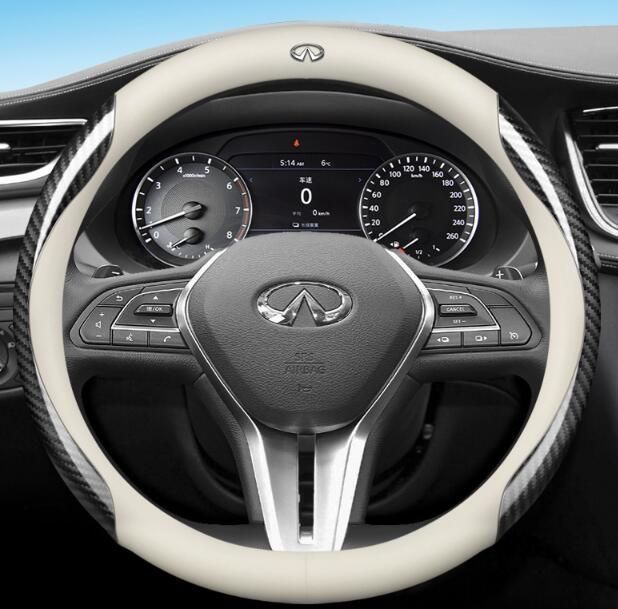 インフィニティ INFINITIホワイトハンドルカバー ステアリングカバー コンパス ハンドル保護 専車ロゴ レザー+炭素繊維 O型 38CM　タイプB