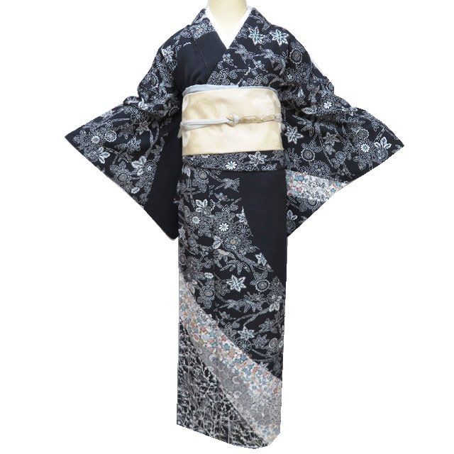 訪問着 着物 中古 正絹 袷 フォーマル 花模様 黒色 多色 身丈
