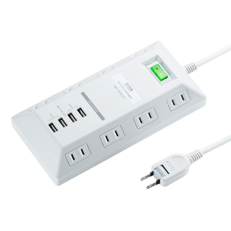 サンワサプライ USB充電ポート付きタップ AC×8個口 USB A ×4ポート 2Pプラグ 両端差し込み対応レイアウト 平型 台形 一括集中スイッチ ホコリシャッター付き TAP-B109U-3