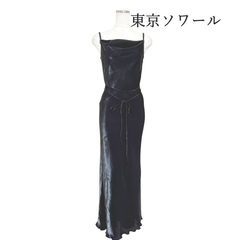 東京ソワール FUNQUETH シャンタンロングドレス ベロアリボン 黒 ブラック 9号