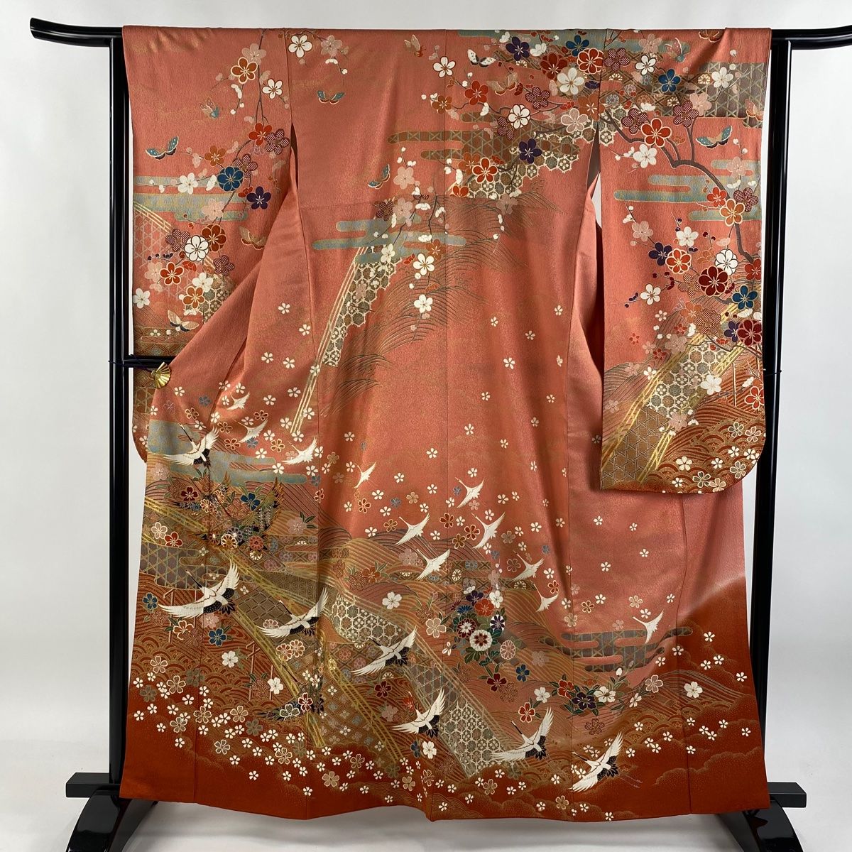 振袖 身丈163cm 裄丈65cm M 袷 袋帯フルセット 落款あり 蝶 金糸 金彩