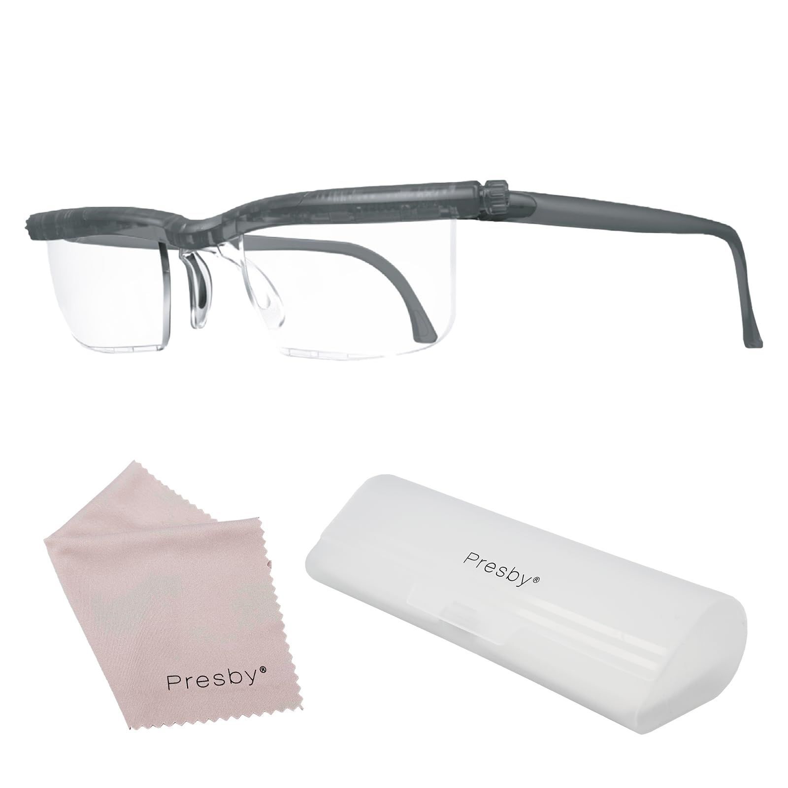 Color:グレー [PRESBY] 【自分で度数調節できる老眼鏡】ドゥーアクティブ 【付属品が付きリニューアル！】 +0.5D～+4.0D 老眼鏡 シニアグラス ブルーライト UV 拡大鏡 メガネ おしゃれ 遠視 度数調整 (グレー)