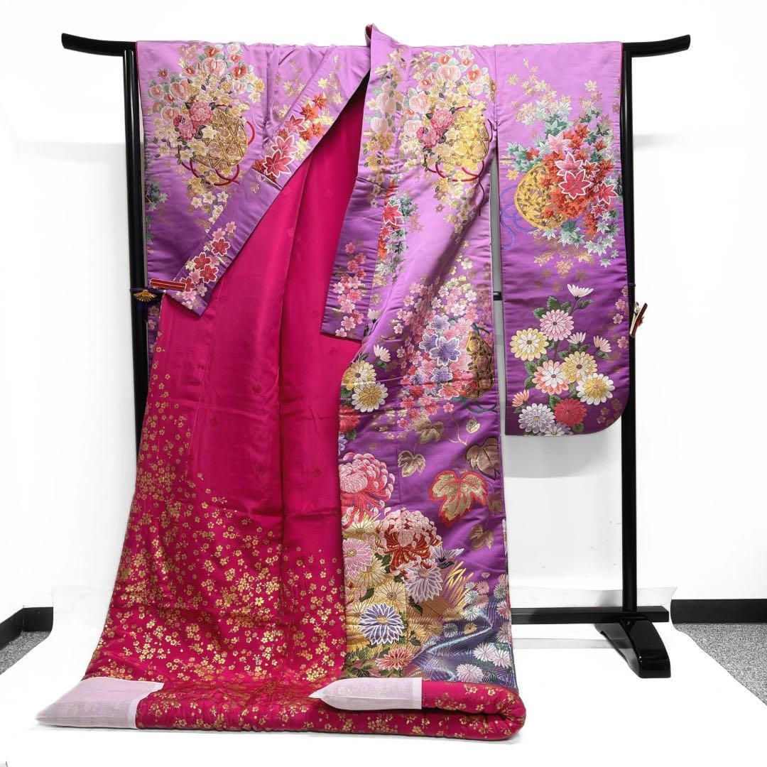 色打掛　乱菊　桜　楓　葵　花籠　唐織　パープル　着物　034a d① 色打掛 乱菊 桜 楓 葵 花籠 唐織 パープル 着物 034a d① - メルカリ