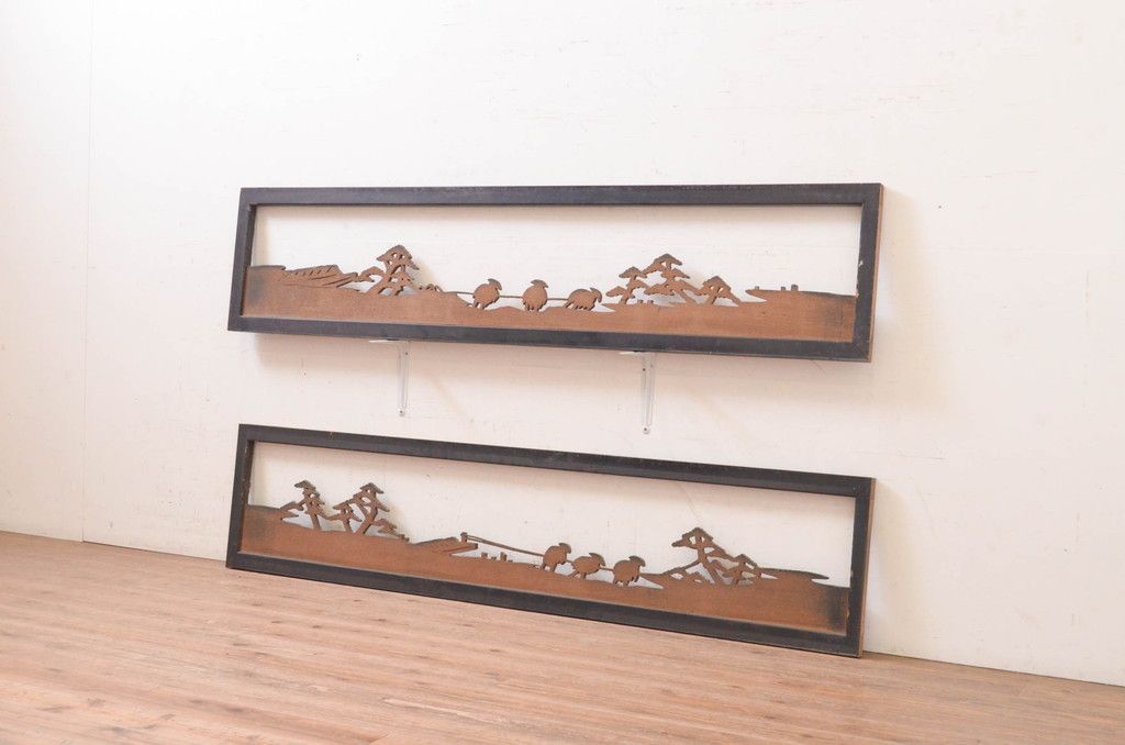 松 橋 寺院 彫刻欄間 透かし建具 2枚セット 骨董品 ガラス張り 古家具