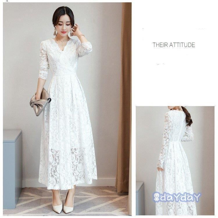 ワンピース レディース 40代 きれいめ 春秋 長袖 上品 マキシワンピース レース Vネック チュニック 大きいサイズ パーティードレス 韓国風 おしゃれ 着痩せ OL