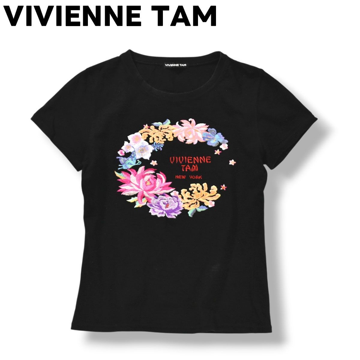 ヴィヴィアンタム 花柄刺繍 半袖Tシャツ 黒 M 日本製 日本製 ヴィヴィアンタム VIVIENNE TAM フラワー ロゴ Tシャツ
