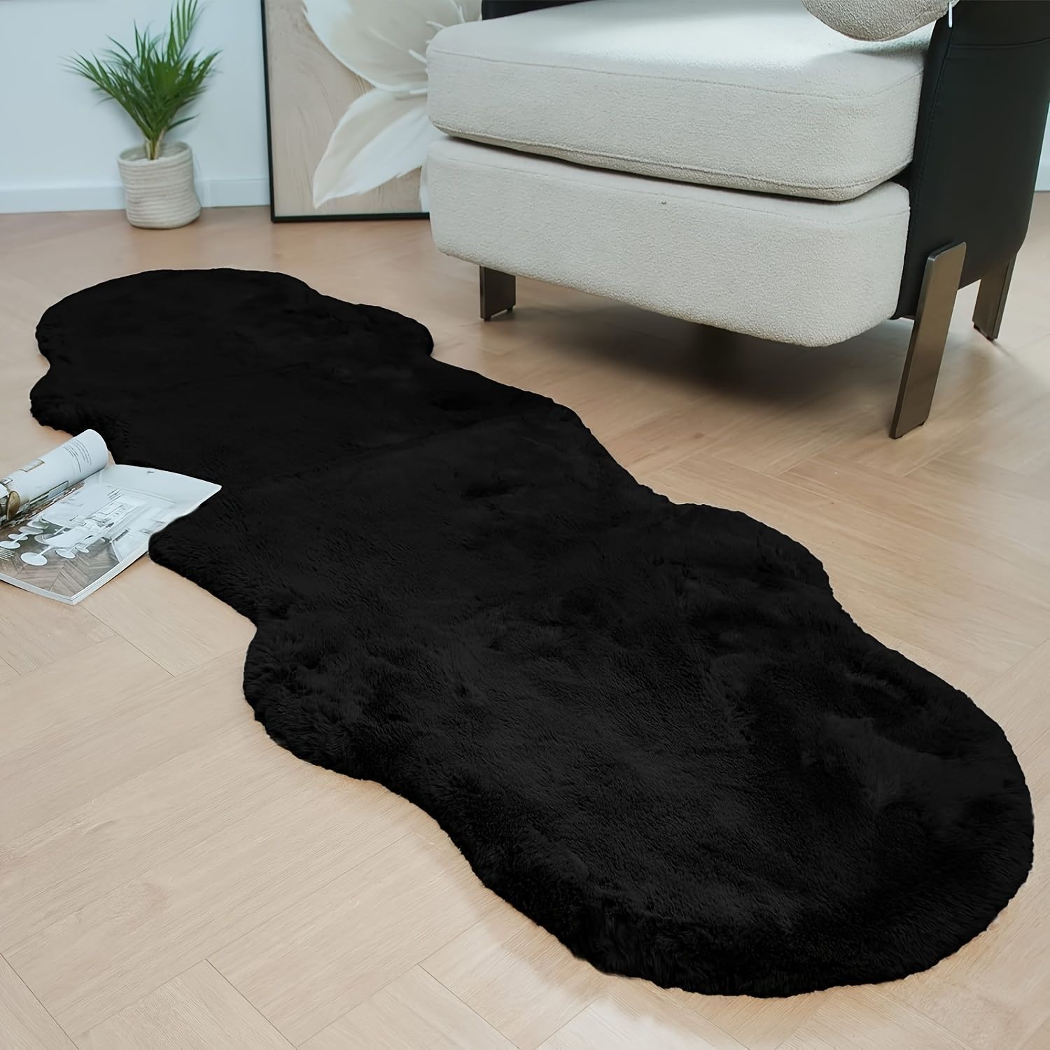 ラグマット カーペット 黒 ブラック 60cm × 180cm ふわふわ