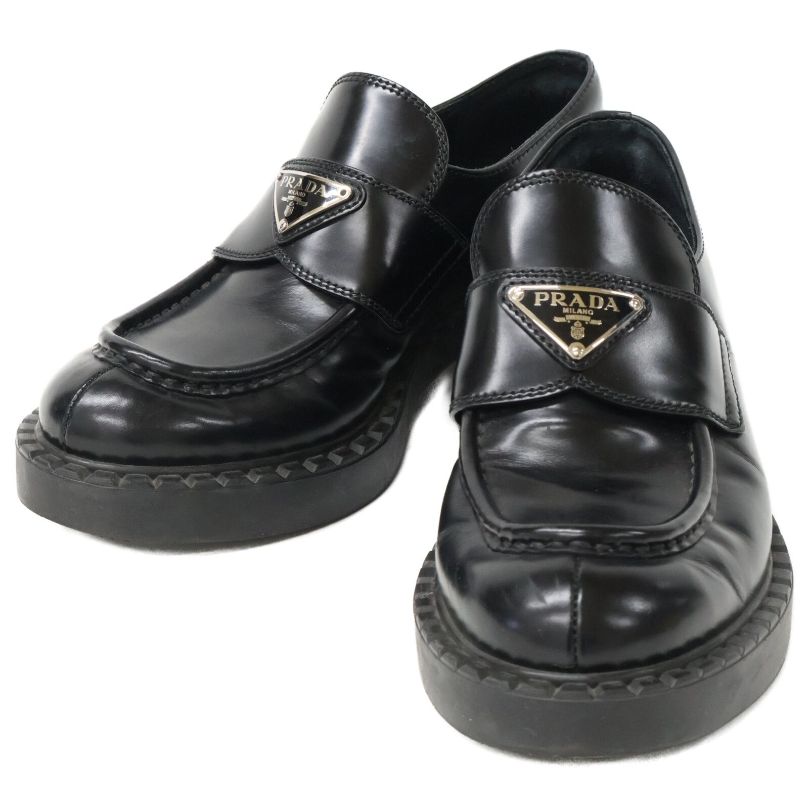 PRADA プラダチョコレート ブラッシュドレザー ローファーブラック37