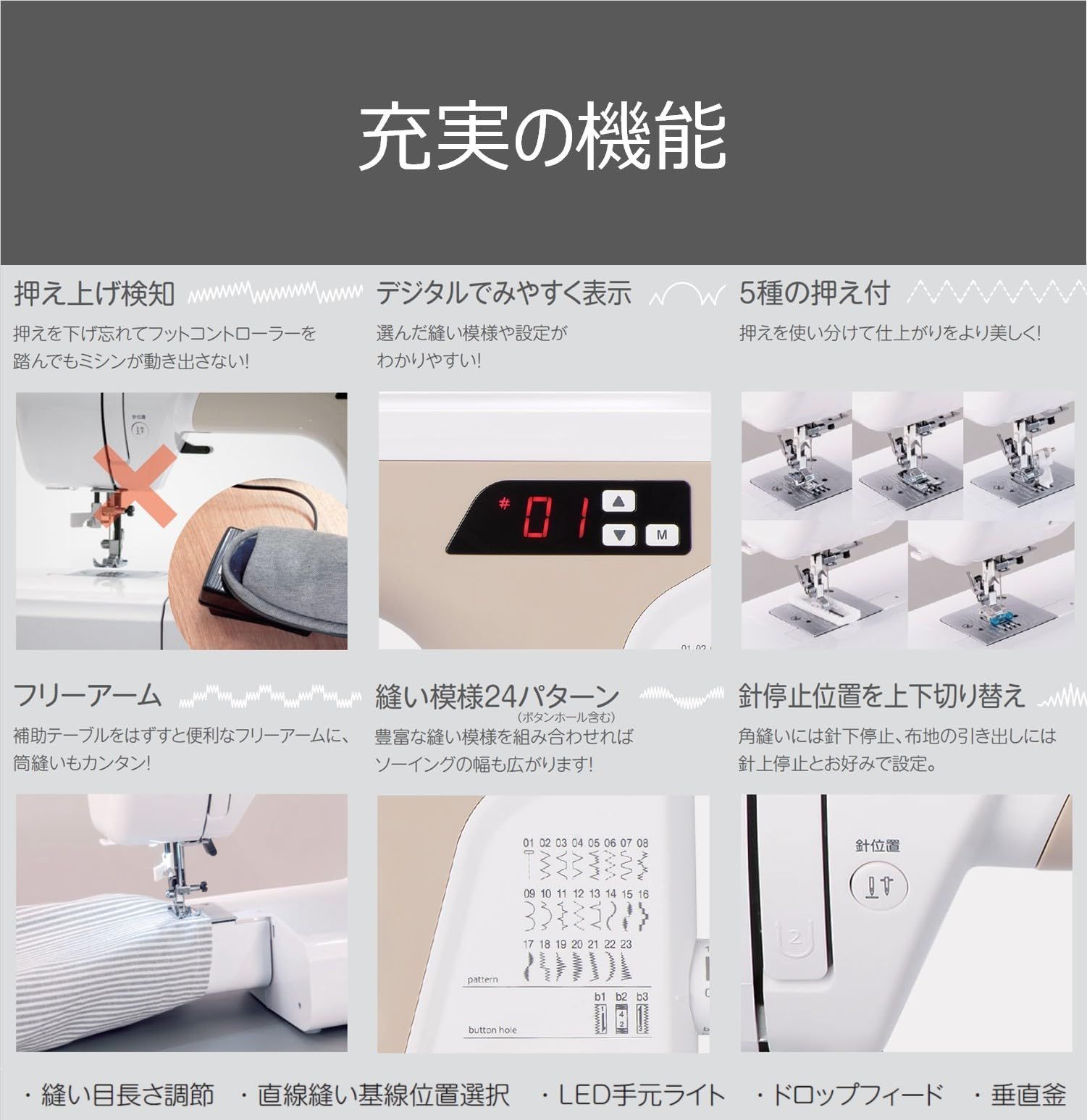 ジャガー コンピューターミシン フットコントローラー操作 自動糸通し器付き 縫い模様24パターン ホワイト KJM-3102|W WWW_KANDAIZUMI_COM