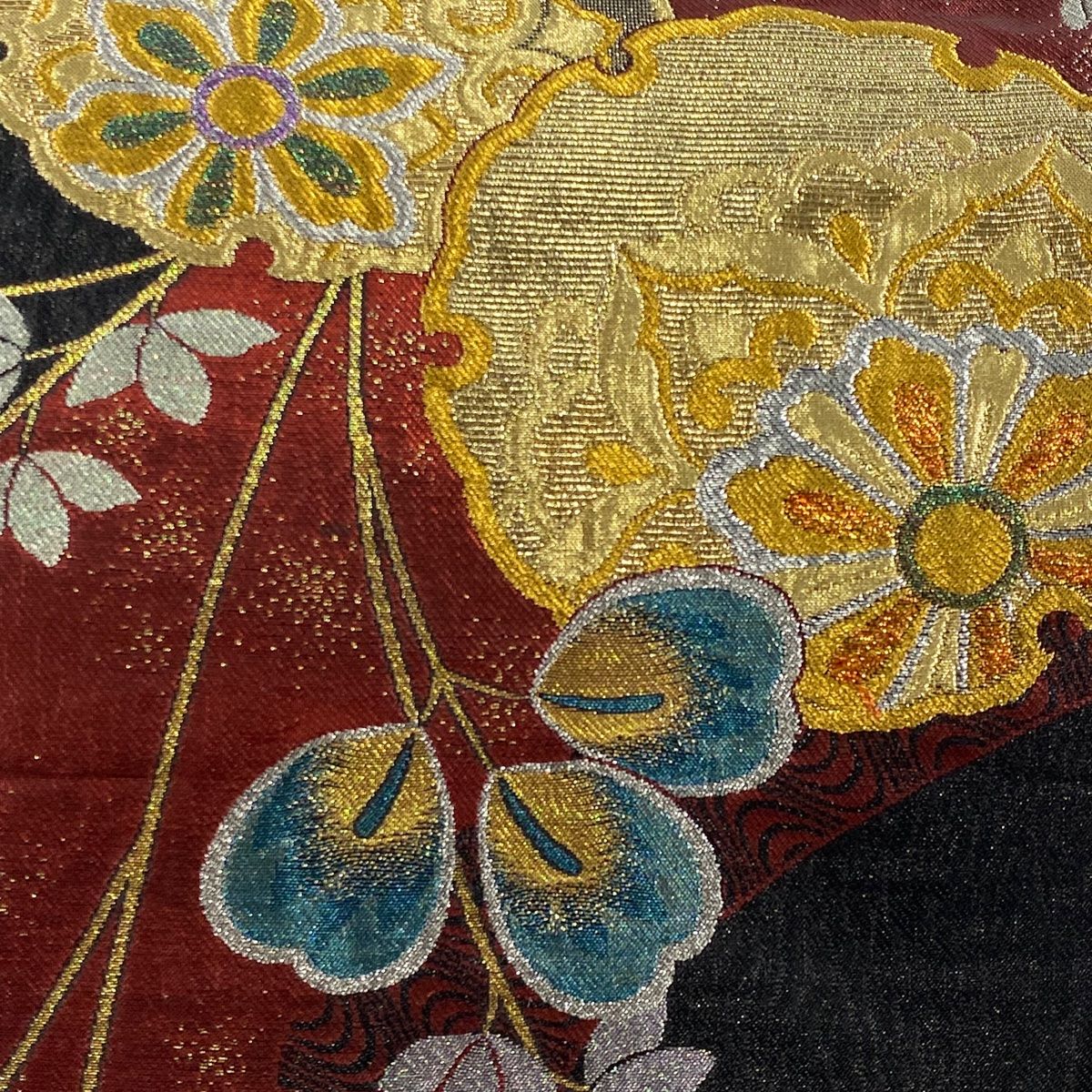 ⑥⑥⑤ 夏帯 雪輪　しば草 六通 袋帯 正絹 金糸 袋帯 美品 秀品 雪輪 草花 金糸 箔 灰色 六通 正絹 【中古