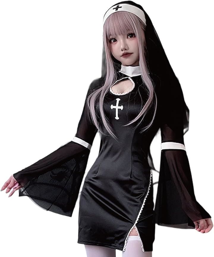 Eiza シスター コスプレ 修道女 衣装 ハロウィン ワンピース ベール 聖母 聖女 マリア e801(ブラック,  XL)