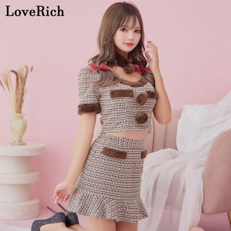 LoveRich ラブリッチ トナカイコス 4点セット SMLサイズ ツイード チェック セットアップ マーメイドスカート 袖付き コスプレ サンタ クリスマス 1304