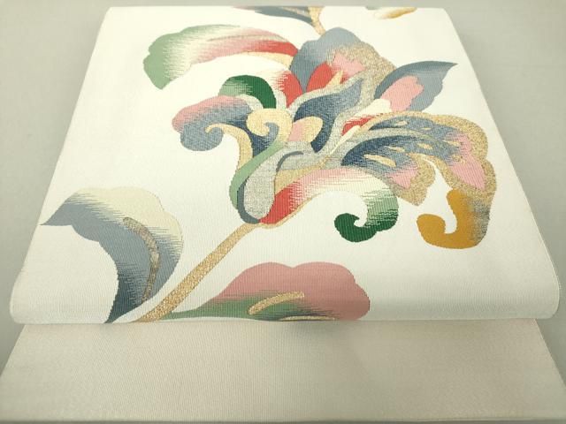 平和屋着物○爪掻き本綴れ 八寸名古屋帯 色紙重ね群鶴花文 白鼠色 金