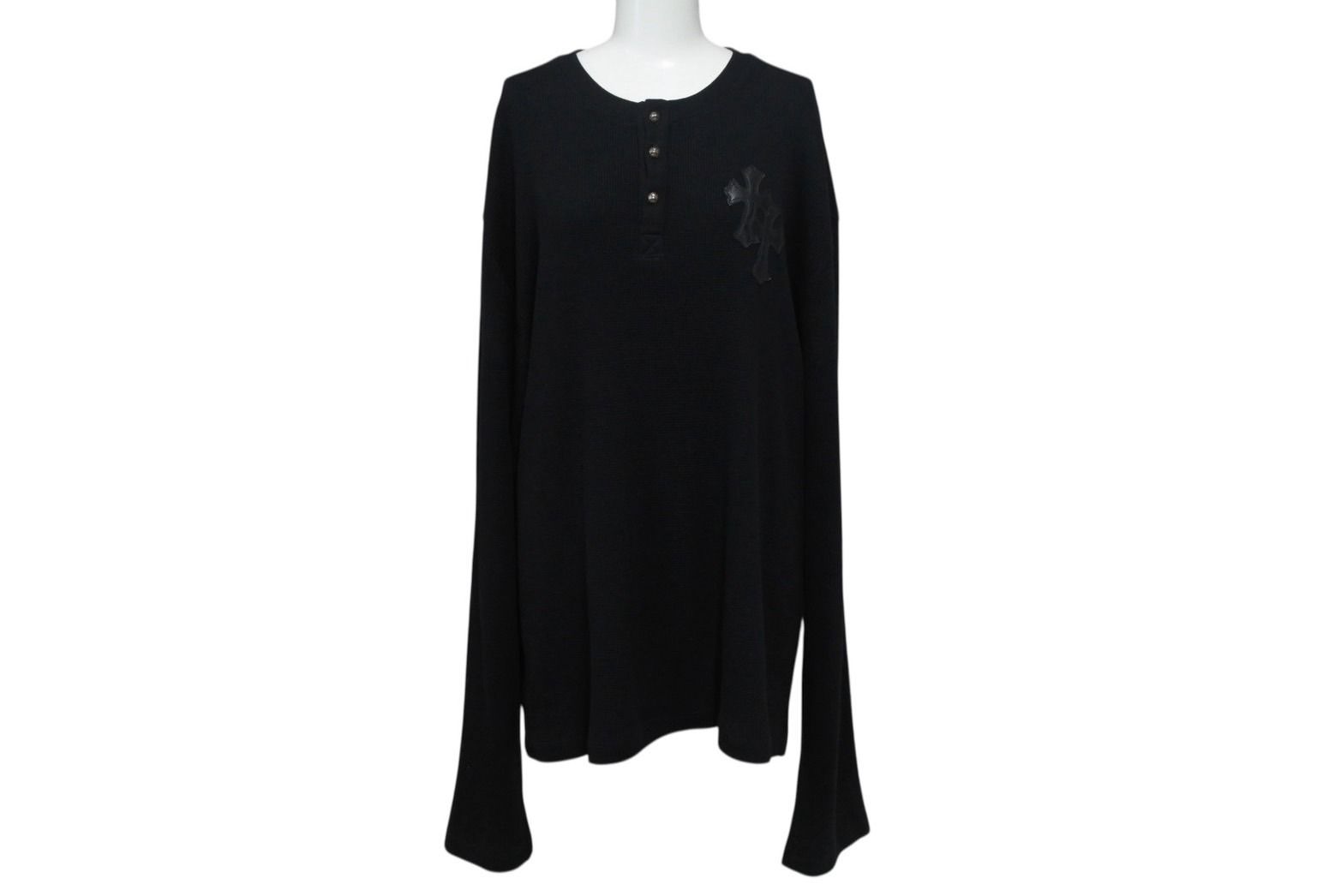 CHROME HEARTS クロムハーツ 長袖Ｔシャツ ロンT サーマル セメタリークロス レザーパッチ ブラック コットン サイズXL 4b003519