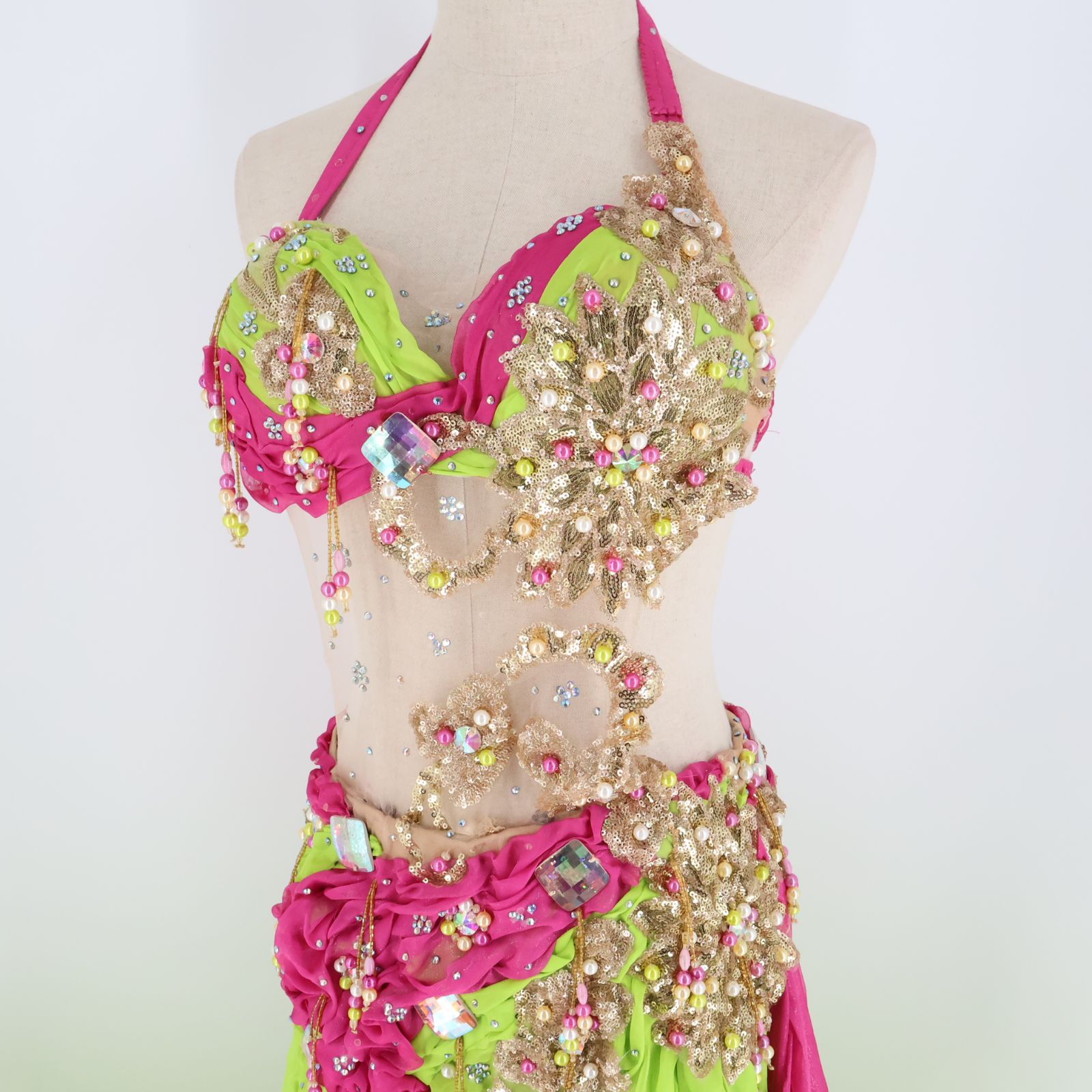 エジプト製 ベリーダンス用オリエンタル衣装】ピンク×黄緑 Hoyda 装飾