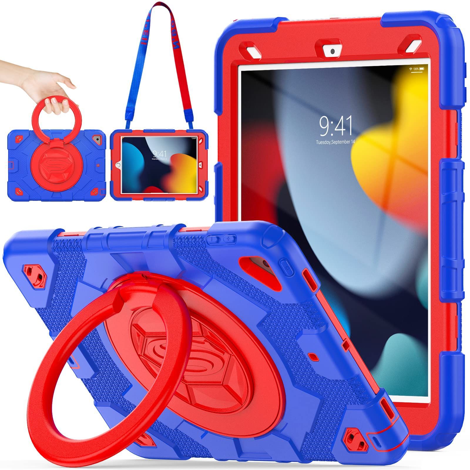 【新着商品】stock iPadケース 第9/8/7世代 リングハンドル耐衝撃ケース 10.2インチ専用 ペン収納 SEYMAC 横置き 縦置き 360回転リングスタンド ショルダーストラップ フィルム付きフレーム フィル