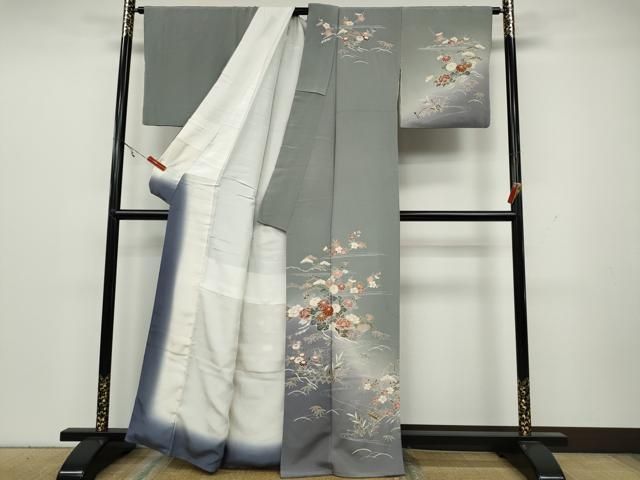 平和屋着物○訪問着 流水竹垣草花文 暈し染め 金彩 鬼しぼ