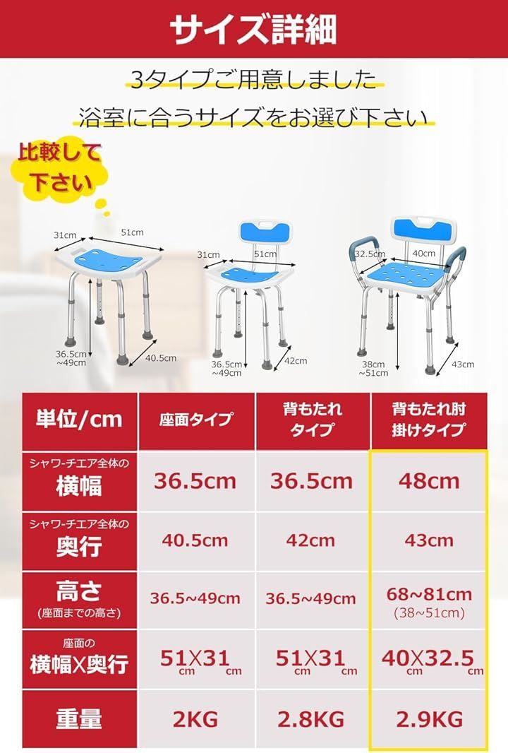 シャワーチェア 6段階高さ調節可能 軽量 丈夫 お風呂椅子 背もたれ付き