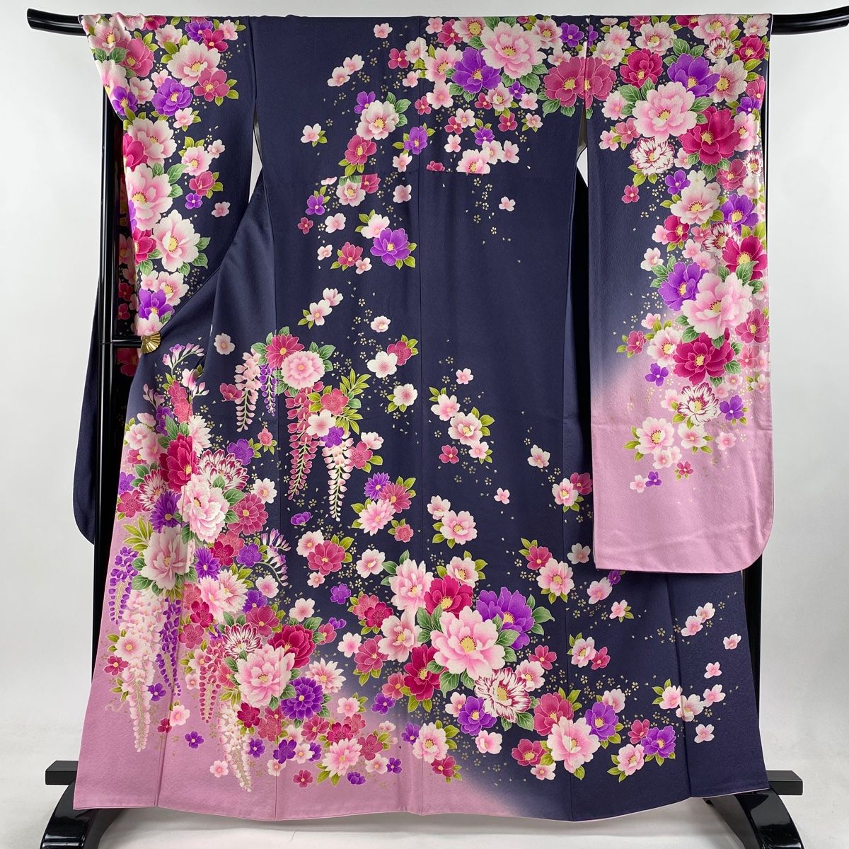 振袖 身丈163.5cm 裄丈70.5cm L 袷 牡丹 草花 銀通し ぼかし ピンク 正絹