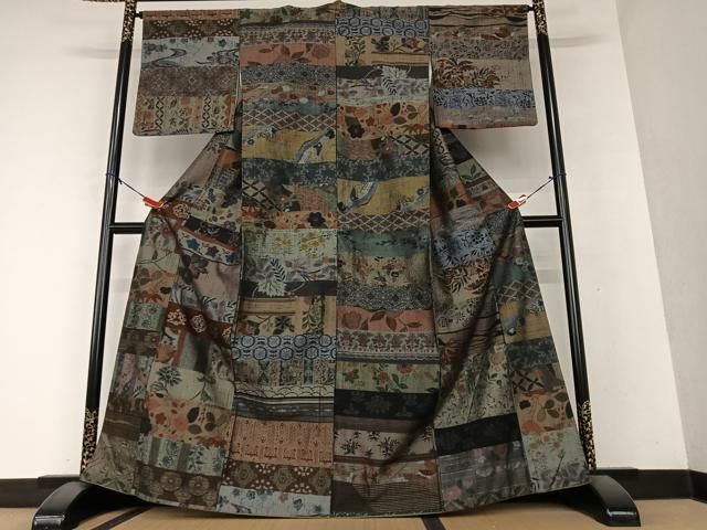 平和屋着物○小千谷 本真綿紬 草花間道 反端付き 正絹 逸品