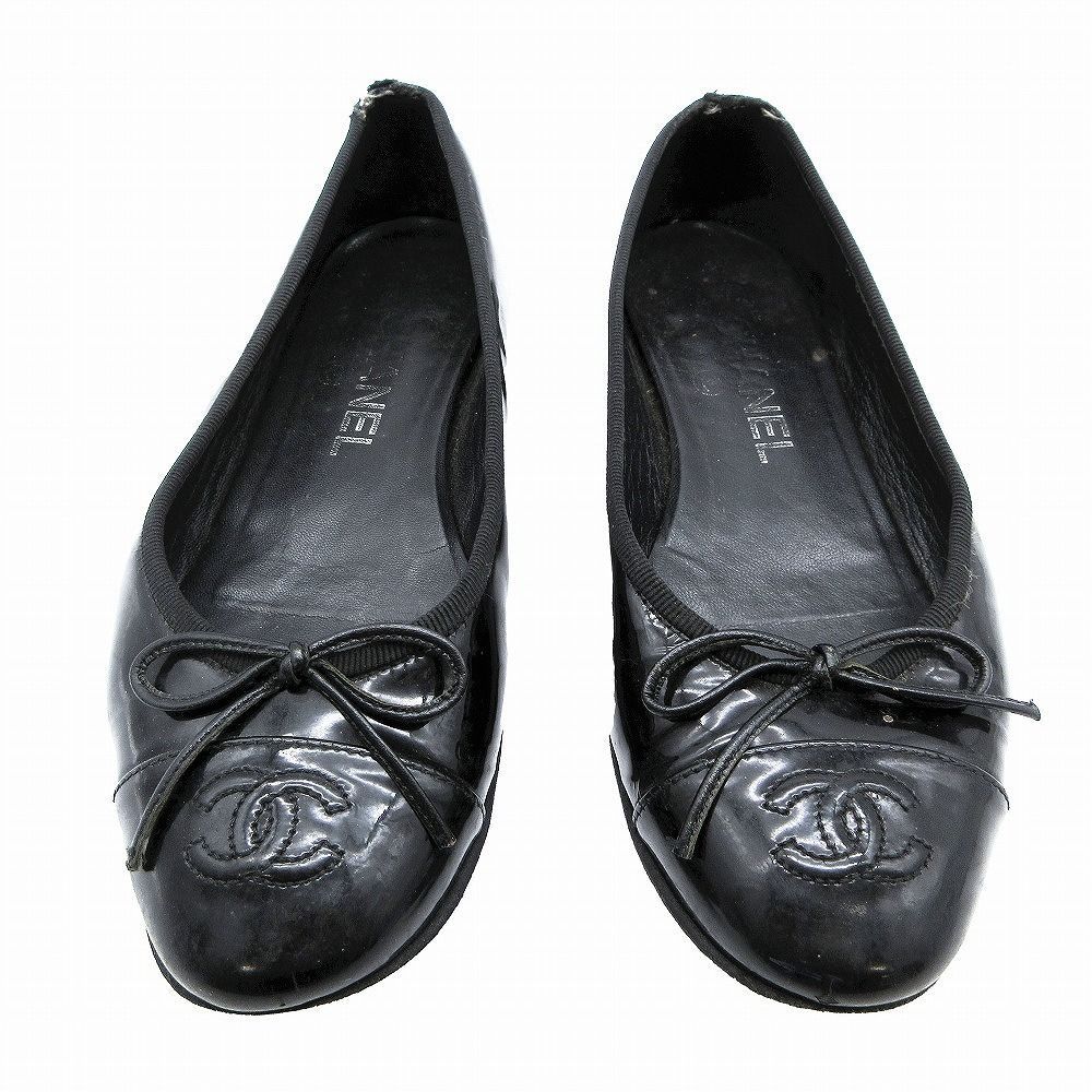 シャネル CHANEL エナメル フラット パンプス ココマーク 刺繍